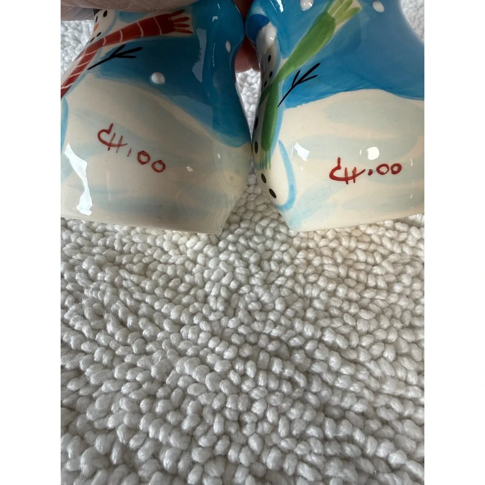 VTG‎ Hand Painted Snowman Salt and Pepper Shakers Ceramic Blue Winter Holiday